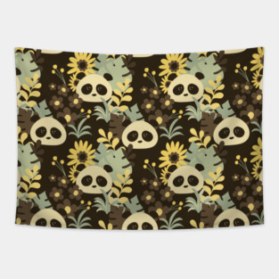 Boho Floral Pandas on Brown - 1000Pandas by Amanda Roos Tapestry