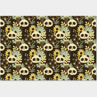 Boho Floral Pandas on Brown - 1000Pandas by Amanda Roos Posters and Art