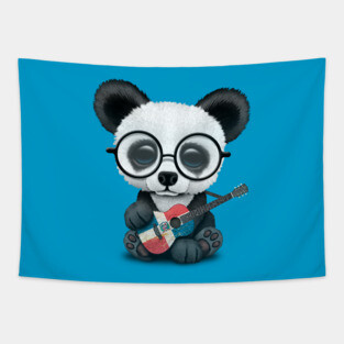 Baby Panda Playing Dominican Flag Guitar Tapestry