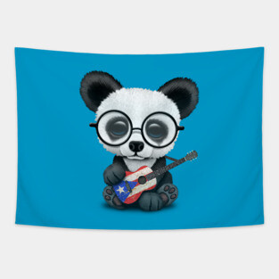 Baby Panda Playing Puerto Rican Flag Guitar Tapestry