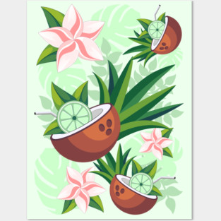 Lime in Coconut with Pink Plumeria Flowers Tropical Summer Pattern Posters and Art