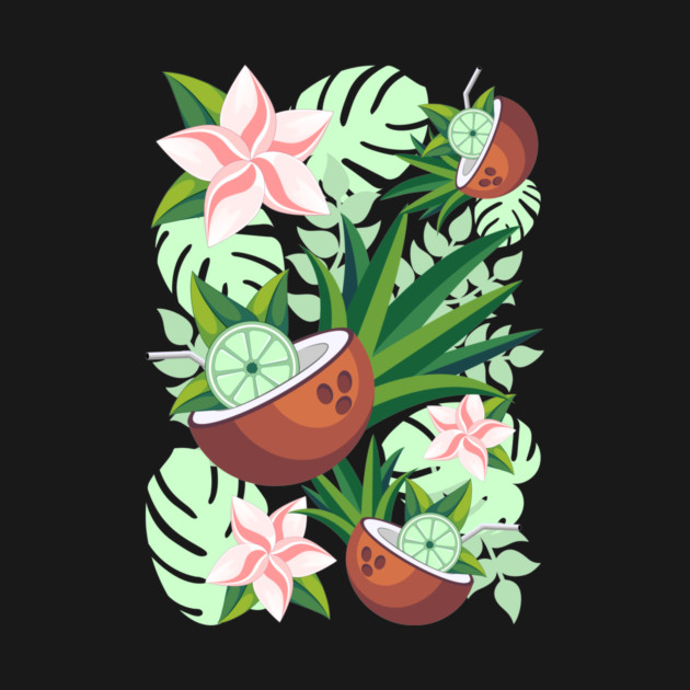 Lime in Coconut with Pink Plumeria Flowers Tropical Summer Pattern by BluedarkArt