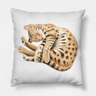 Bengal Kitten Napping Watercolor Art Pillow
