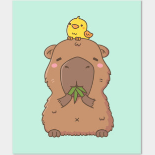 Cute Capybara with Yellow Bird Doodle Posters and Art