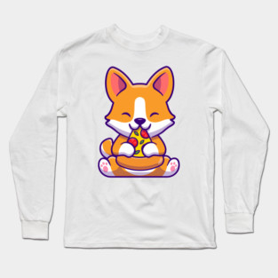 Cute Corgi Dog Eating Pizza Long Sleeve T-Shirt