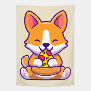 Cute Corgi Dog Eating Pizza Tapestry