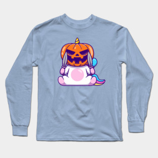 Cute Unicorn Wearing Halloween Pumpkin Mask With Knife Long Sleeve T-Shirt