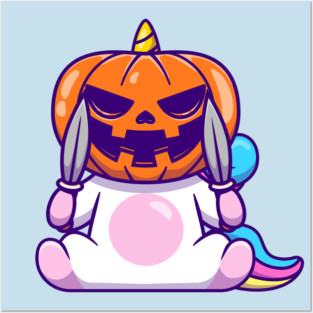 Cute Unicorn Wearing Halloween Pumpkin Mask With Knife Posters and Art