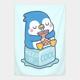Cute Penguin Drinks Boba Tea Keep It Cool Tapestry