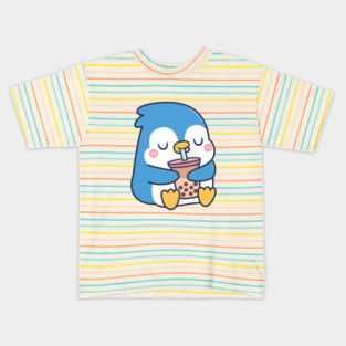 Cute Blue Penguin Drinks Boba Tea Kids T-Shirt