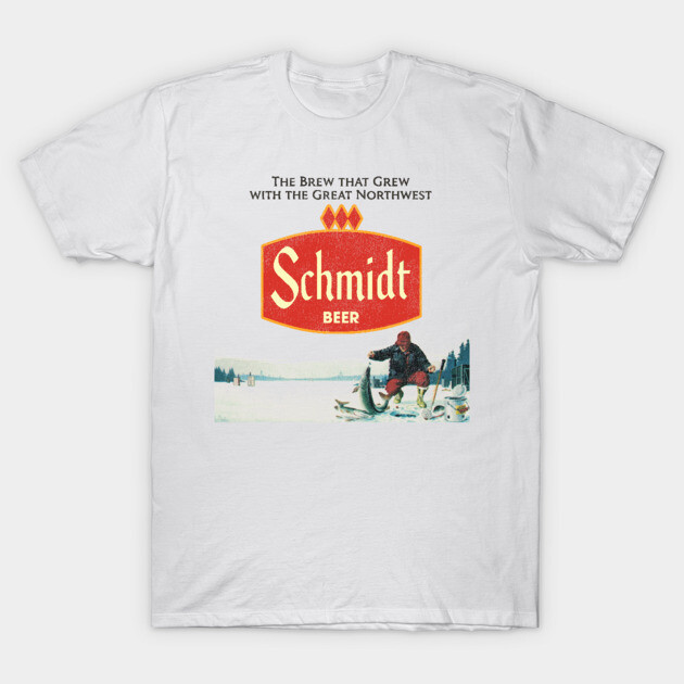 Schmidt Beer Retro Defunct Ice Fishing Nature Scene T-Shirt by darklordpug