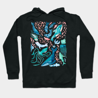 Watercolor Arctic Mammals and Fish Hoodie