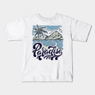 Beach Tropical Paradise Surfing Mountains Palm Tree Landscape Design Kids T-Shirt