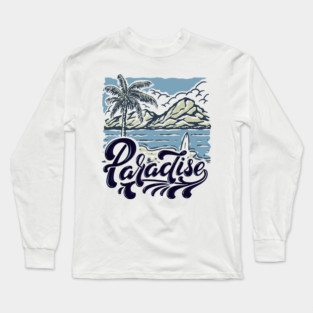 Beach Tropical Paradise Surfing Mountains Palm Tree Landscape Design Long Sleeve T-Shirt