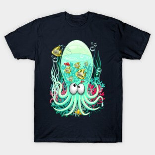 Octopus Silly Funny Character on Coral Reef Pattern T-Shirt