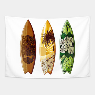 three decorated surfboards island style Tapestry
