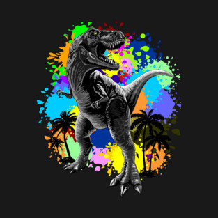 T-Rex Dinosaur Jurassic Reptile on Surreal Rainbow Paint Stains T-Shirt