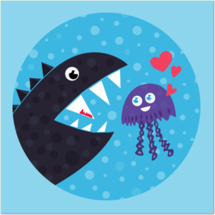 Cute Jellyfish In Love With Sea Monster Posters and Art