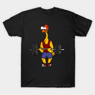 Funny Rubber Chicken Lifting Weights Cartoon T-Shirt