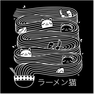 Ramen Lines Minimalist Cat Square Black and White by Tobe Fonseca Posters and Art