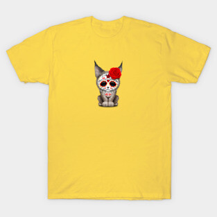 Red Day of the Dead Sugar Skull Lynx Cub T-Shirt