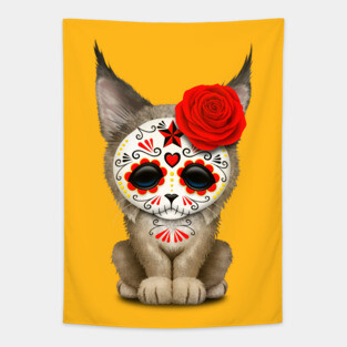 Red Day of the Dead Sugar Skull Lynx Cub Tapestry