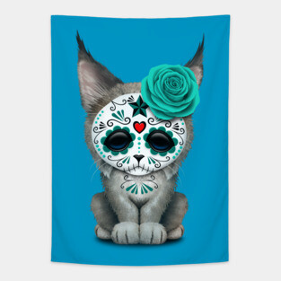 Blue Day of the Dead Sugar Skull Lynx Cub Tapestry