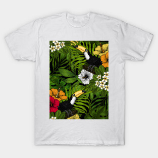 Toucans amd tropical flora, green, yellow, red and orange T-Shirt
