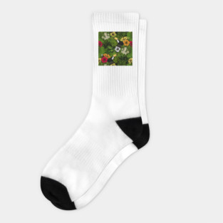 Toucans amd tropical flora, green, yellow, red and orange Socks