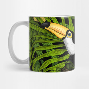 Toucans amd tropical flora, green, yellow, red and orange Mug