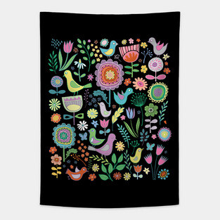 Birds and Blooms - cute floral pattern by Cecca Designs Tapestry