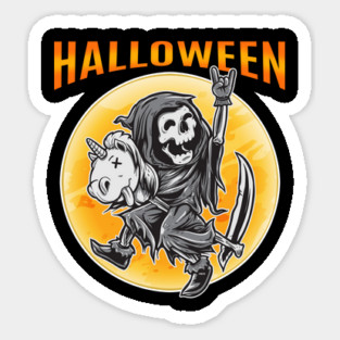 Death Reaper on a Toy Unicorn Funny Halloween costume Tee Sticker