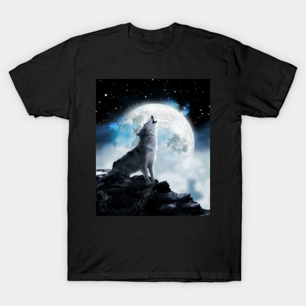 Cosmic Space Wolf Wolves Howling At Moon T-Shirt by Random Galaxy