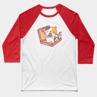 Cute Calico Cat Eating Pizza In Pizza Box Funny Baseball T-Shirt
