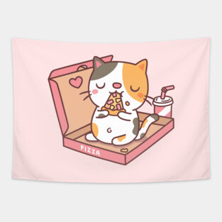 Cute Calico Cat Eating Pizza In Pizza Box Funny Tapestry