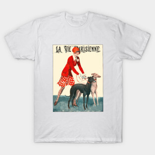 Vintage La Vie Parisienne Illustration - Pretty Girl with Greyhounds T-Shirt
