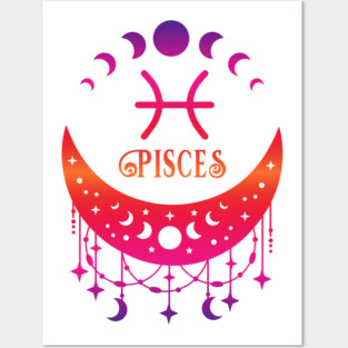 Rainbow Ombre Moon Phases and Pisces Zodiac Symbol Posters and Art