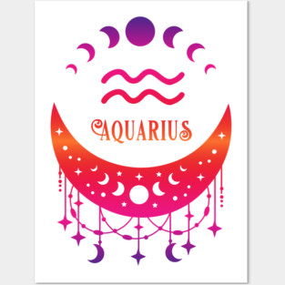 Rainbow Ombre Moon Phases and Aquarius Zodiac Symbol Posters and Art