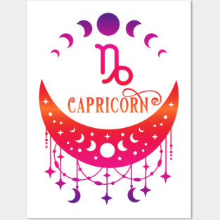 Rainbow Ombre Moon Phases and Capricorn Zodiac Symbol Posters and Art