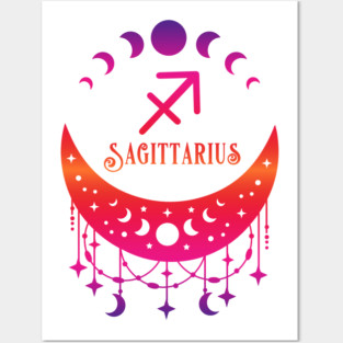 Rainbow Ombre Moon Phases and Sagittarius Zodiac Symbol Posters and Art