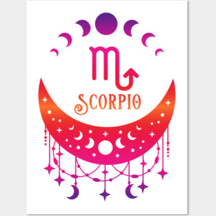 Rainbow Ombre Moon Phases and Scorpio Zodiac Symbol Posters and Art