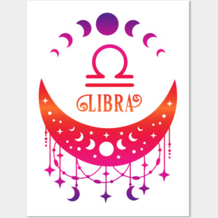 Rainbow Ombre Moon Phases and Libra Zodiac Symbol Posters and Art