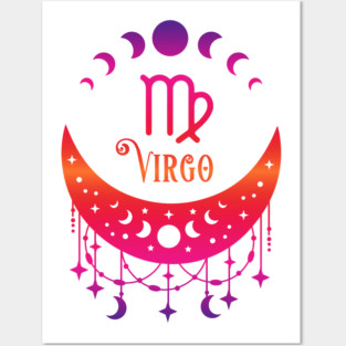 Rainbow Ombre Moon Phases and Virgo Zodiac Symbol Posters and Art