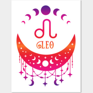 Rainbow Ombre Moon Phases and Leo Zodiac Symbol Posters and Art