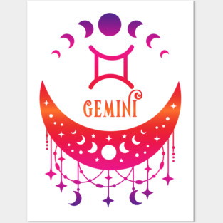 Rainbow Ombre Moon Phases and Gemini Zodiac Symbol Posters and Art