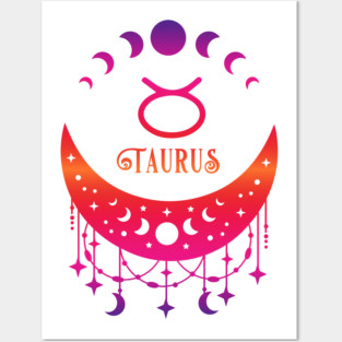 Rainbow Ombre Moon Phases and Taurus Zodiac Symbol Posters and Art