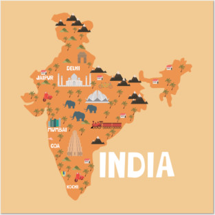India Illustrated Map Posters and Art