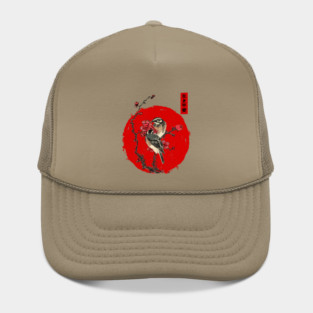 Japanese illustration IKIGAI meaning of life -  red moon pine bunting Plum Tree Hat