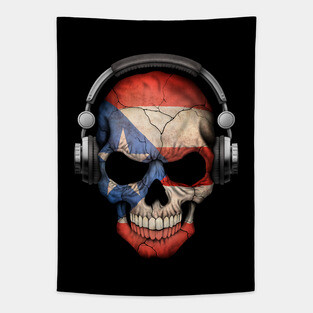 Dark Skull Deejay with Puerto Rican Flag Tapestry