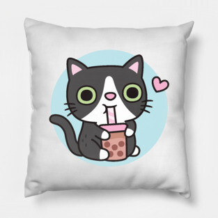 Cute Black Tuxedo Cat Loves Drinking Bubble Tea Pillow